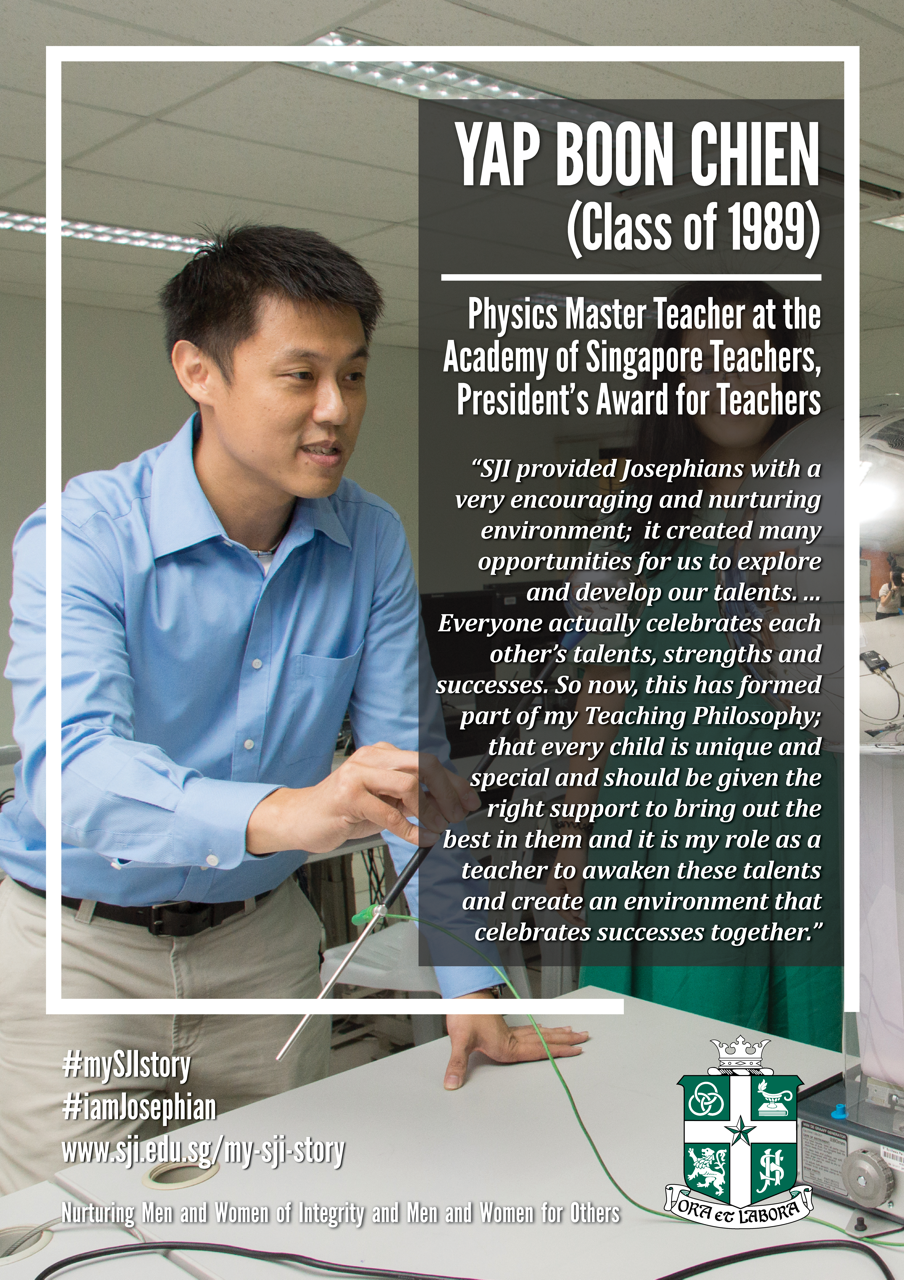 Promotional poster featuring Yap Boon Chien, a Physics Master Teacher, wearing a blue shirt in a classroom setting.